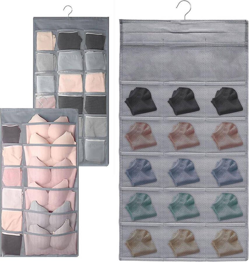 2 stuks kledingkast-organizer hangend ondergoed organizer hangend opvouwbare hangorganizer kledingkast dubbelzijdige organizer met zakken en haken voor panty BHS sokken stropdassen (grijs)