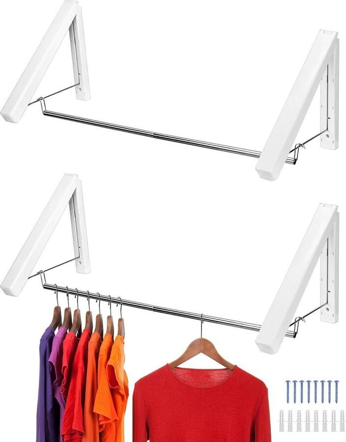2 stuks kledingroede wandmontage opvouwbare 74cm wit QWORK Opvouwbare kledingrek