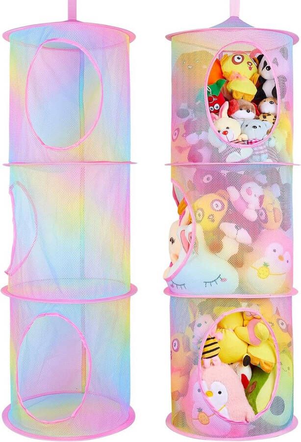 2 stuks knuffeldieren opbergen hangende mand opvouwbaar hangrek hangorganizer badkamer speelgoed mesh opbergzak kinderkamer kledingkast decoratie 3 vakken