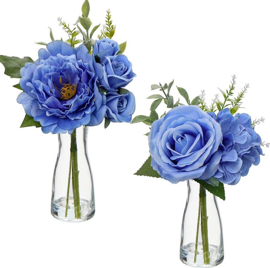 2 stuks kunstbloemen zijde met glazen vaas blauwe kunstbloemen hortensia zijde pioenroos kunstroos kunstbloemen gemengd realistische zijden in pot voor woonkamer kantoor decoratie tafel keuken
