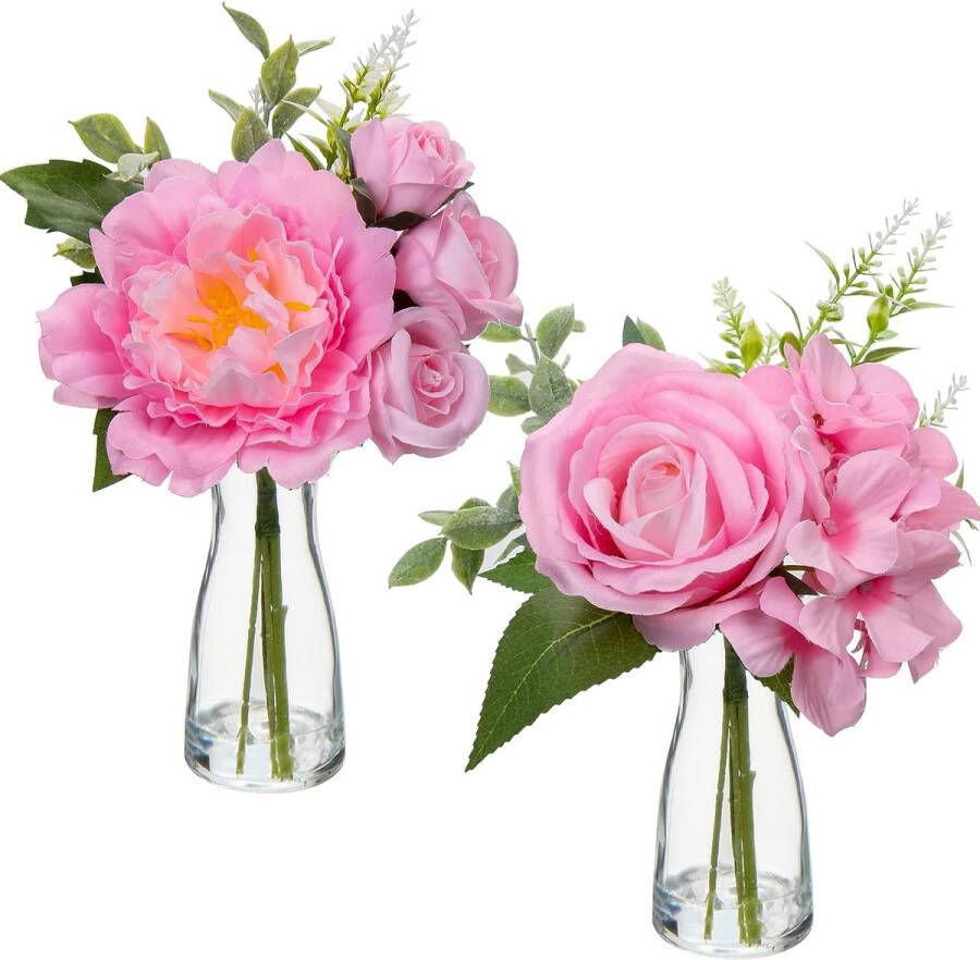 2 stuks kunstbloemen zijde met glazen vaas roze kunstbloemen hortensia zijde pioenroos kunstroos kunstbloemen gemengd realistische zijden in pot voor woonkamer kantoor decoratie tafel keuken