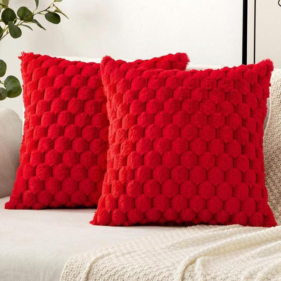 2 stuks kunstbont sofakussen rood boho decoratieve kussenslopen woonkamer bank en slaapkamer 40 x 40 cm