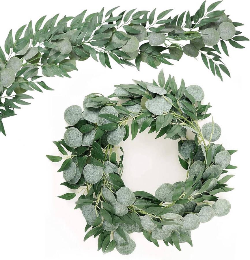 2 stuks kunstmatige eucalyptus decoratieve slinger met wilgenbladeren 16 m tafeldecoratie eucalyptus hangende wijnstokken bladeren groene slinger voor tafel bruiloft boog party
