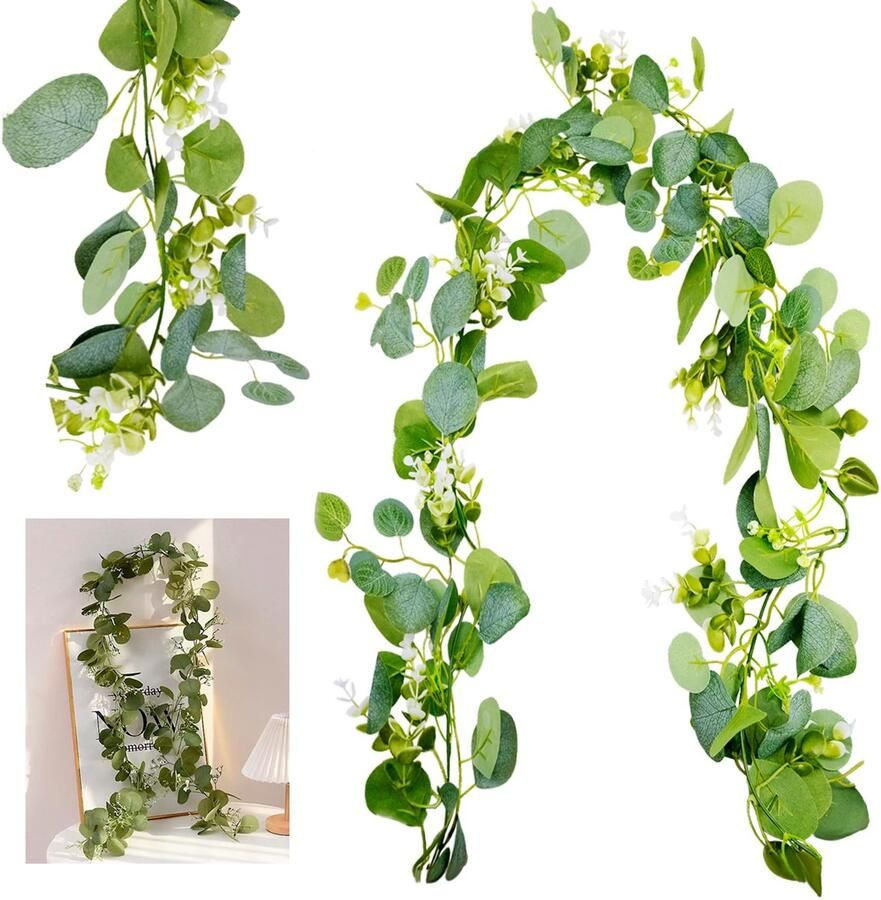 2 stuks kunstmatige eucalyptus slinger 1 8 m lang hangende eucalyptus wijnstok met witte bloemen en plantendecoratie voor bruiloften tafel deurkozijn wandplank binnen en buiten