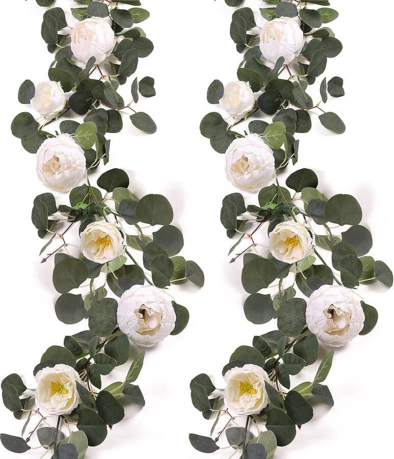 2 stuks kunstmatige eucalyptus slinger met bloem 8 kop pioenrozen wijnstokken groene bloemen slinger bloemen decoratie voor bruiloft boog muur achtergrond bruiloft tafel partij (wit 2Pack)