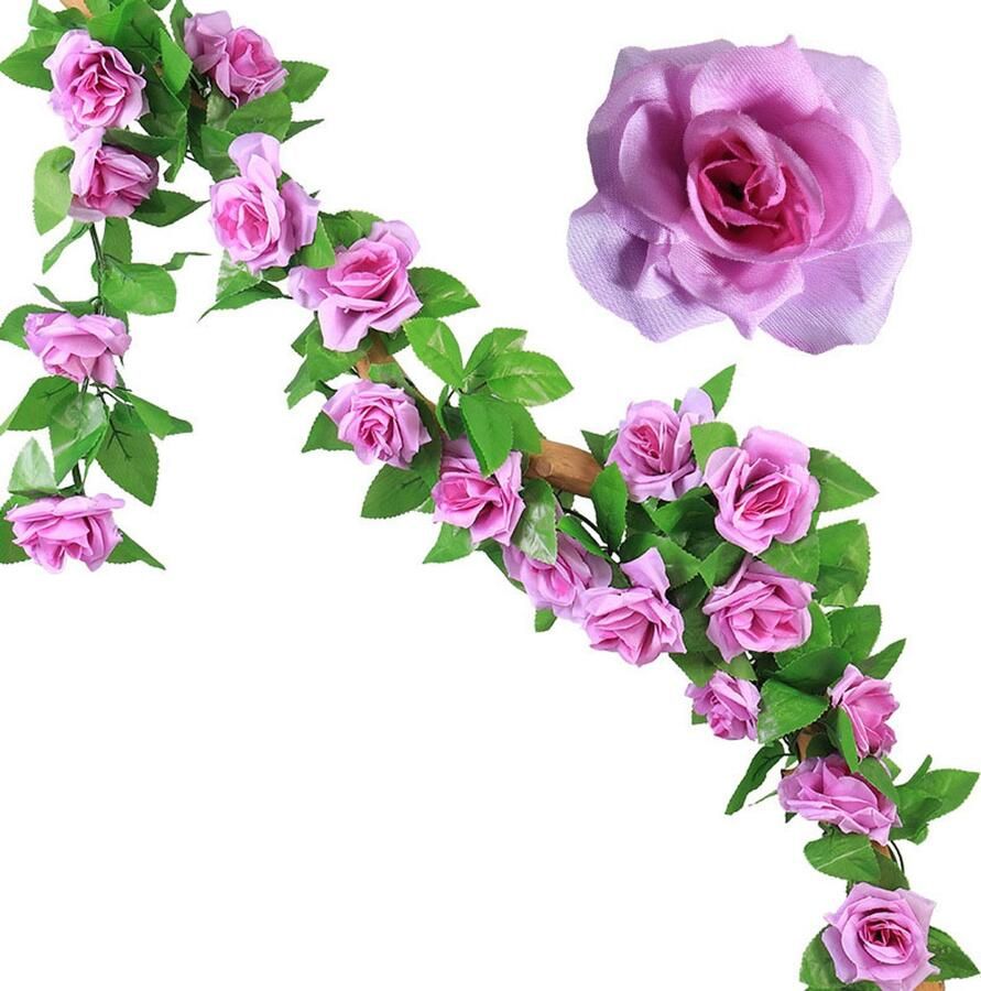 2 stuks kunstmatige rozen wijnstok decoratie 2 3 meter kunstmatige wijnranken hangende rozenranken voor op tafel bruiloftsachtergrond boog muur feest schouw festivaldecoratie (Paars)