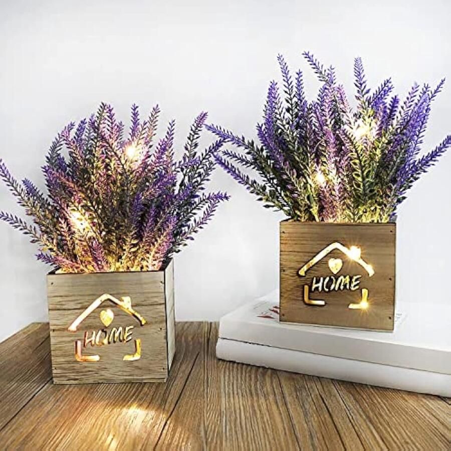 2 stuks kunstplant met ledlampjes in houten kist 11 x 9 x 26 cm kunstplanten in pot voor thuis kantoor bureau keukendecoratie Valentijnsdag Moederdag