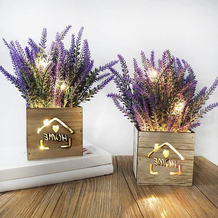2 stuks kunstplant met ledlampjes in houten kist 11 x 9 x 26 cm voor thuis kantoor bureau keukendecoratie Valentijnsdag Moederdag