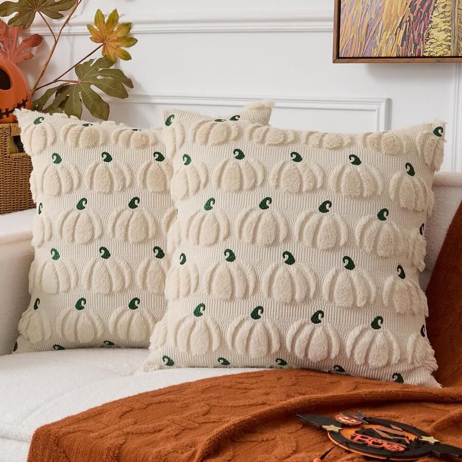 2 Stuks Kussenslopen 45 X 45 Cm Pompoenpatroon Borduurwerk Decoratieve Kussenslopen Herfst Halloween Zachte Pluche Polyester Kussenslopen Geschikt Voor Thuis Bank Slaapkamer Stoelen Beige
