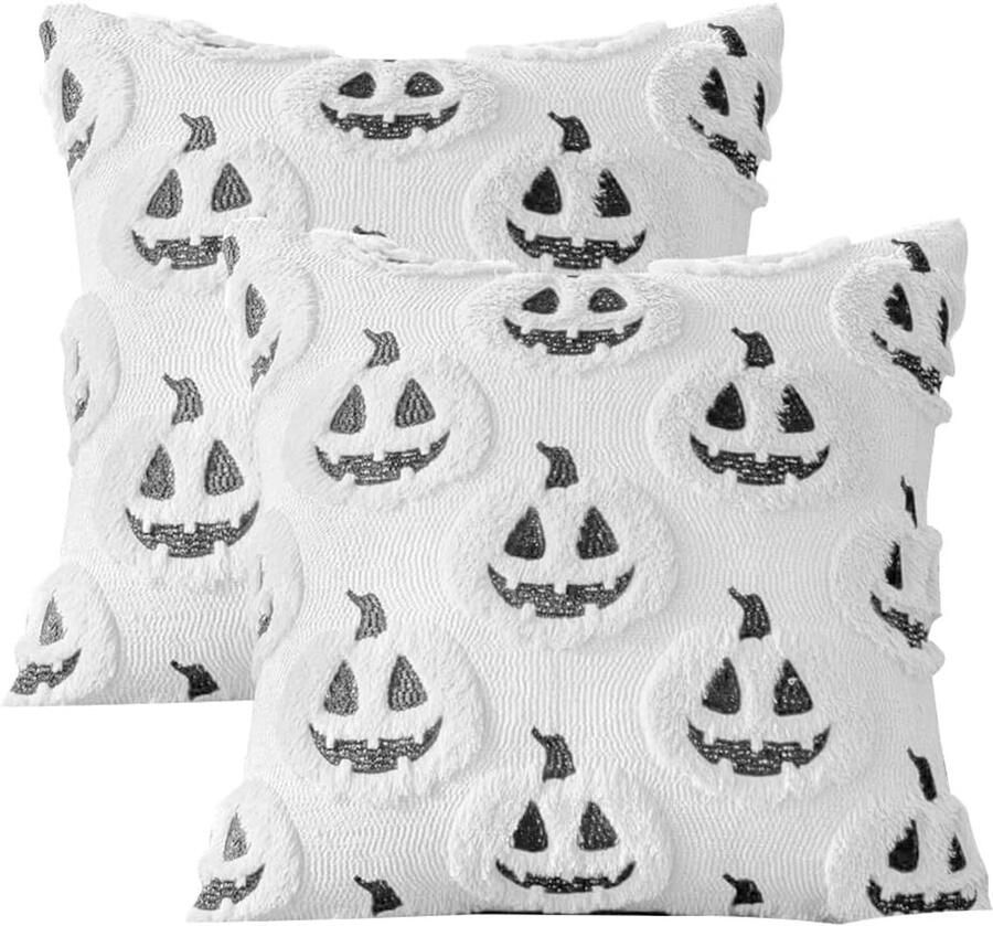 2 stuks kussenslopen Halloween grappige geesten en pompoenmotieven 45 x 45 cm Halloween decoratie voor bank slaapkamer en feest (wit)