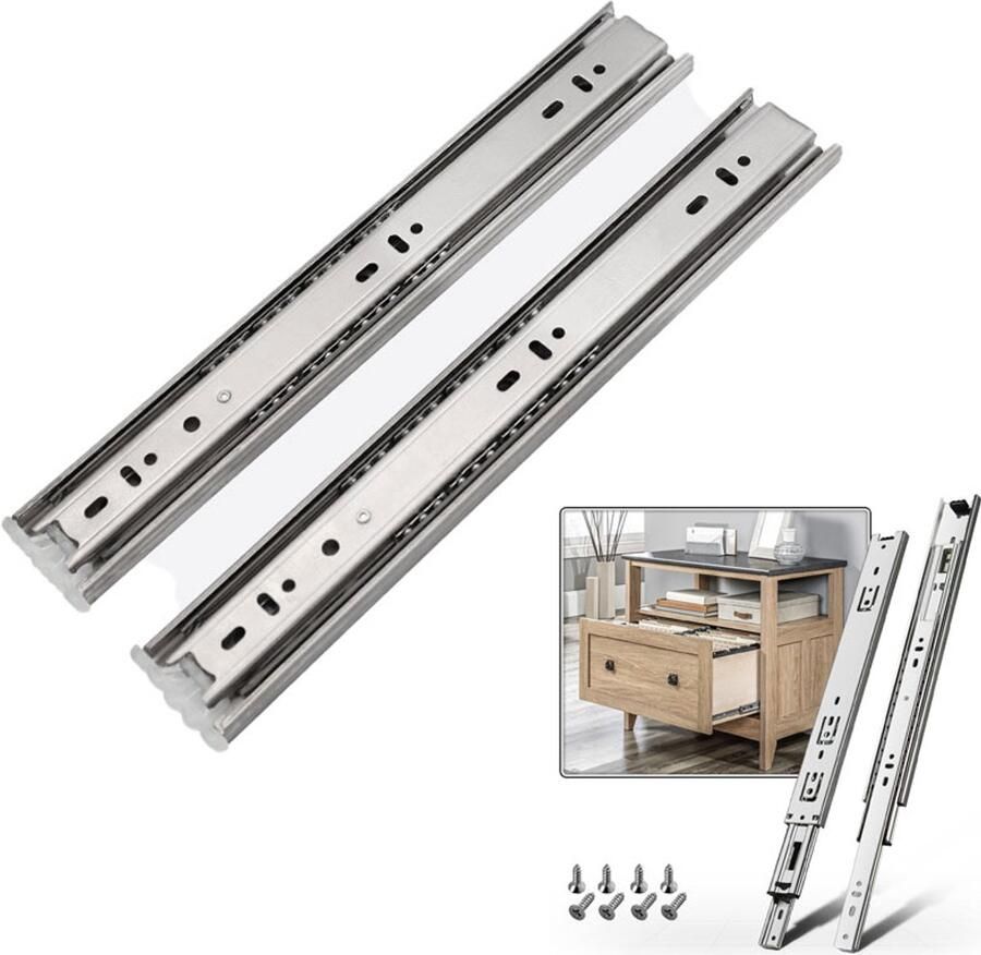 2-Stuks Ladegeleiders RVS driedelige geleiders Soft-Clear geleiders Aan de zijkant gemonteerde kogellagergeleiders cm Geschikt voor kasten dressoirs kledingkasten en keukenprullenbakken Zilver