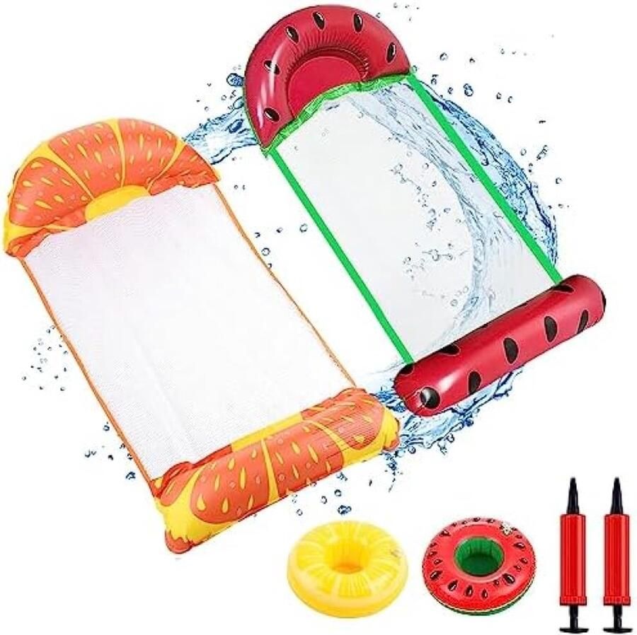 2 stuks luchtmatras zwembad opblaasbare waterhangmat met bekerhouder en luchtpomp 4-in-1 opblaasbaar zwembad watermeloen + grapefruit hangmat voor volwassenen water strand party