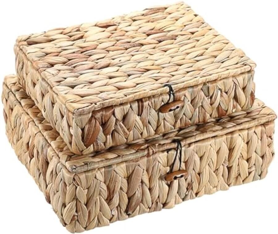 2 stuks natuurlijke opbergmand van waterhyacint geweven waterdichte opbergkist met deksel voor in de woonkamer keuken kledingkast voor handdoek boeken cosmetica