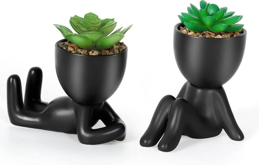 2 stuks nepplanten binnenshuis in zwarte menselijke vormige keramische potten kunstmatige vetplanten potplant mini faux vetplanten decor voor thuis kantoor tafel bureau woonkamer planken - Foto 2