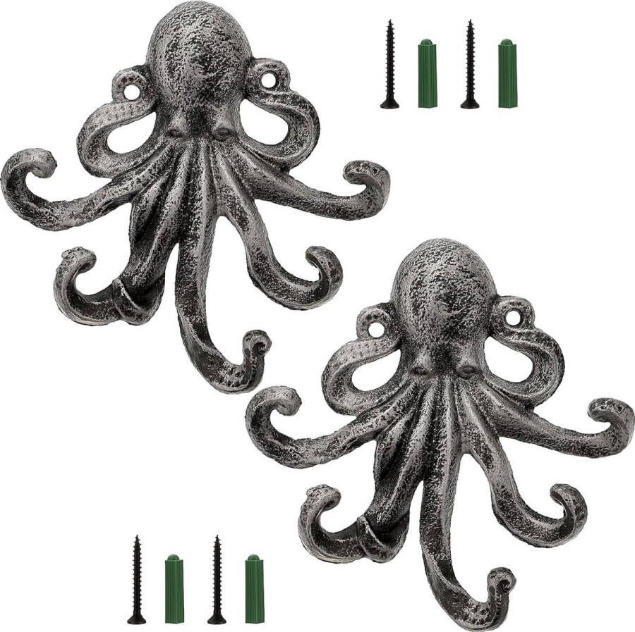 2 stuks octopushaken decoratieve gietijzeren octopus 5 tentakels wandhaken wandgemonteerde sleutelhaken kapstok handdoekhouder dierenkledinghaak voor mantel handdoek tassen zilver