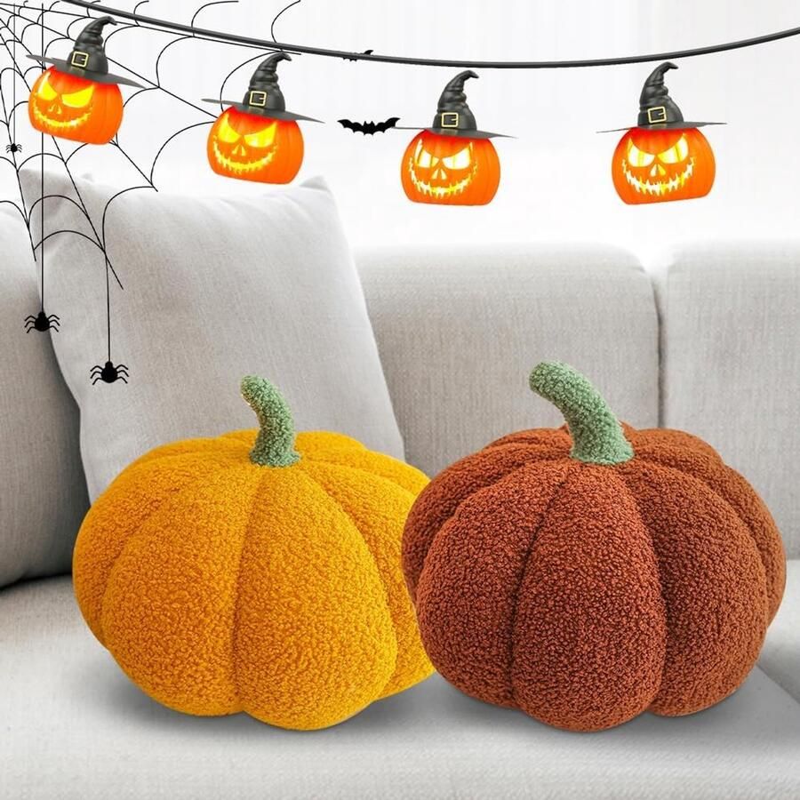 2 stuks pompoenkussens 23 cm pompoenkussen 3D pompoenkussen zachte Halloween-kussens woondecoratie voor auto slaapkamer bank woonkamer (geel bruin)