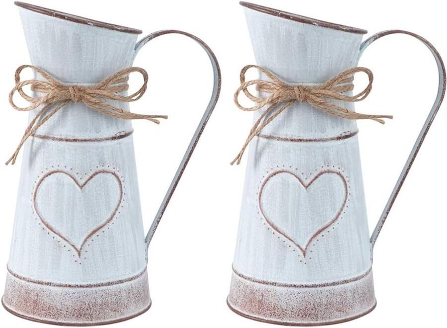 2 stuks shabby bloemenvaas hart vintage gieter rustieke bloempot landhuis vaas metalen kruik ijzeren emmer retro bloempot bloemenemmer voor balkon kantoor bureau decoratie woonkamer tafeldecoratie