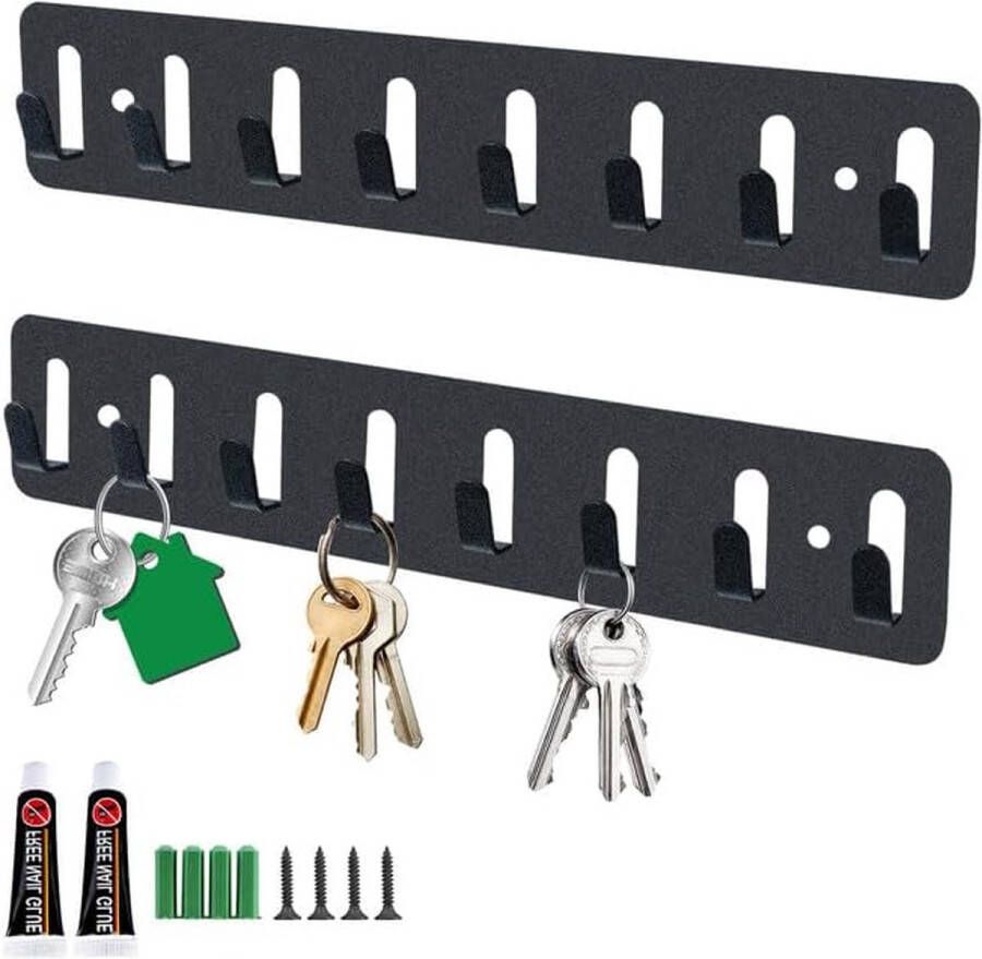 2 stuks sleutelrek met 8 haken sleutelhaken sleutelhouder voor muur sleutelhouder zwart wandmontage voor slaapkamer entree woonkamer garderobe (mat zwart)