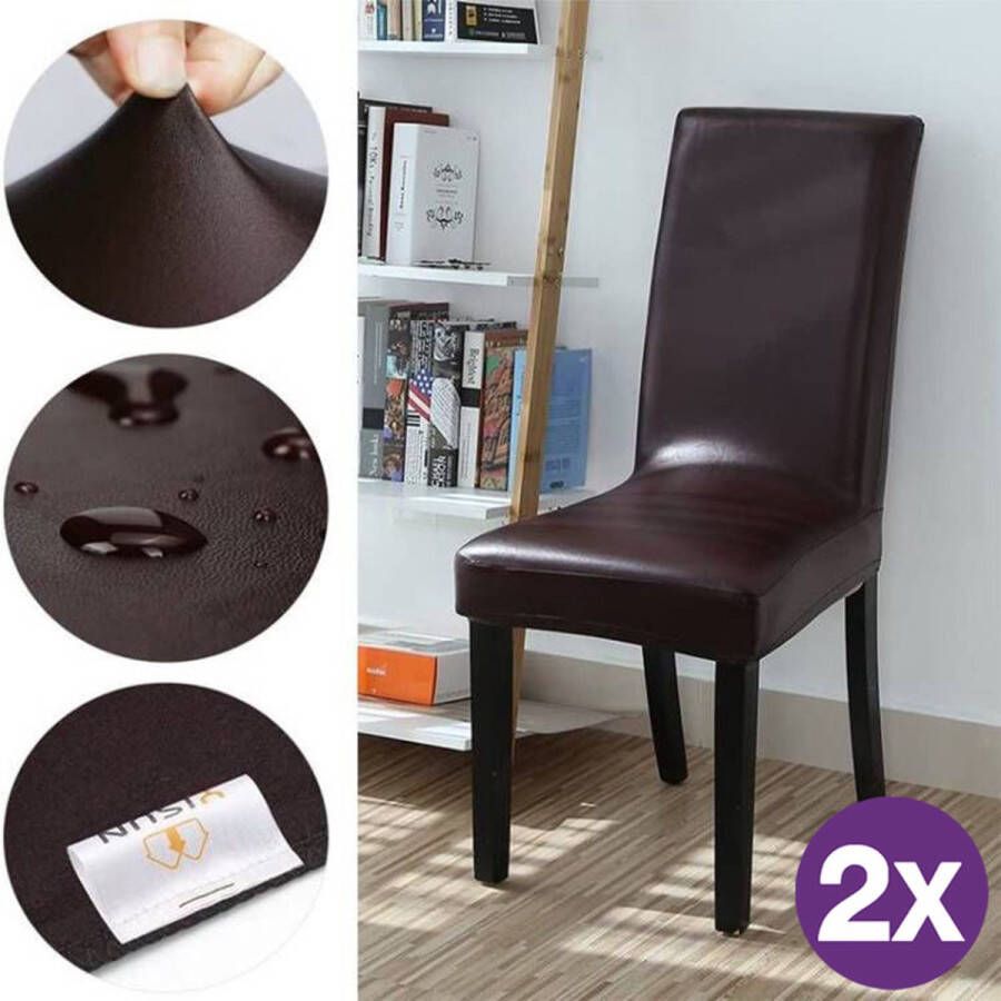 2 Stuks Stoelhoezen Eetkamerstoelen Stretch- imitatie leer-Waterdicht-koffiebruin - Foto 1