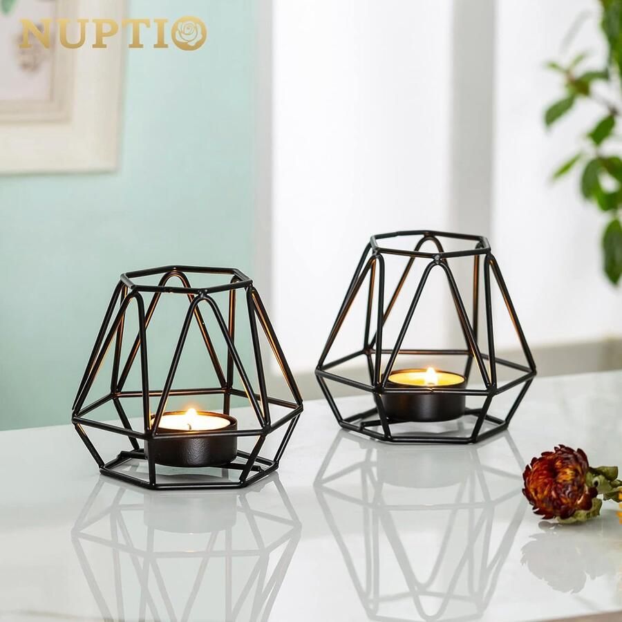 2 Stuks Theelichtkandelaars Zwarte Theelichthouder Nuptio Metalen Zeshoek Geometrische Theelichtje Votiefkandelaars voor Bruiloft Thuis Woonkamer Koffietafels Decor Ornamenten voor Kerstfeest