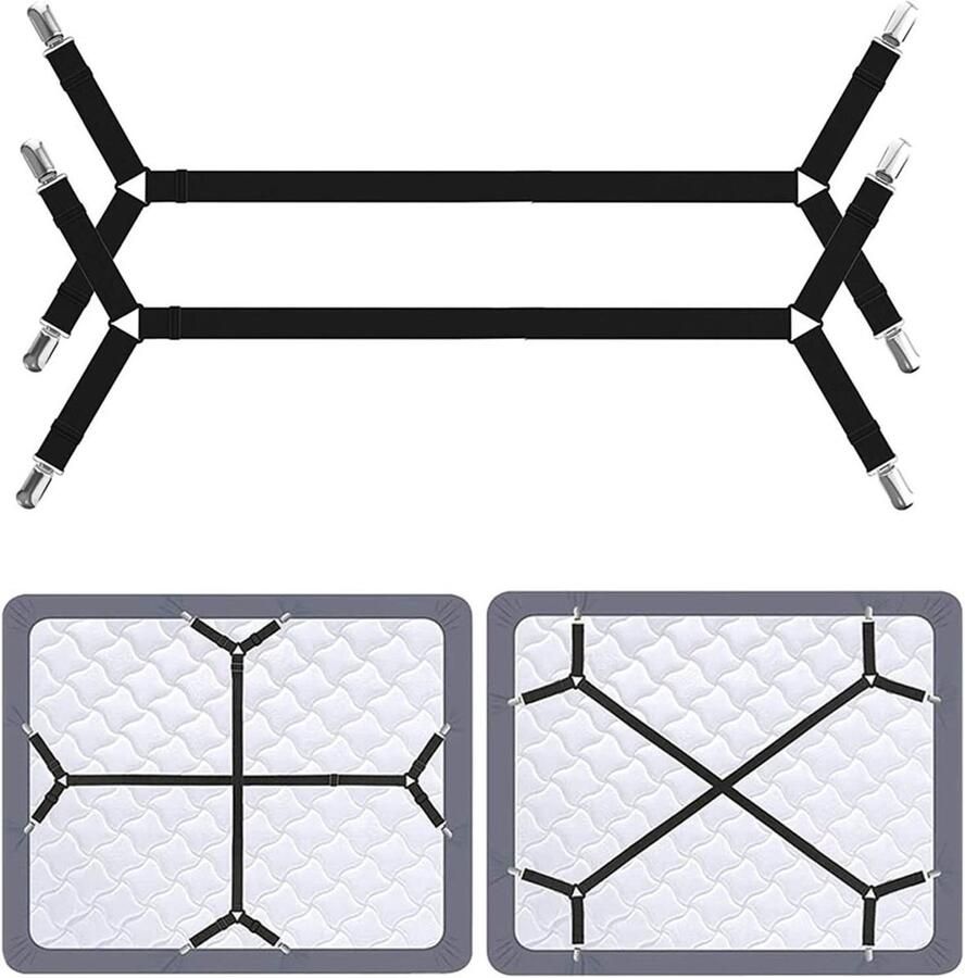 2 stuks Verstelbare driehoekige lakenspanner Elastische lakenspanner met vier clips Voor Lakens Matrassen Strijkplanken Of Zitbanken Lakenspanners Met Metalen Clips (2 stuks zwart)