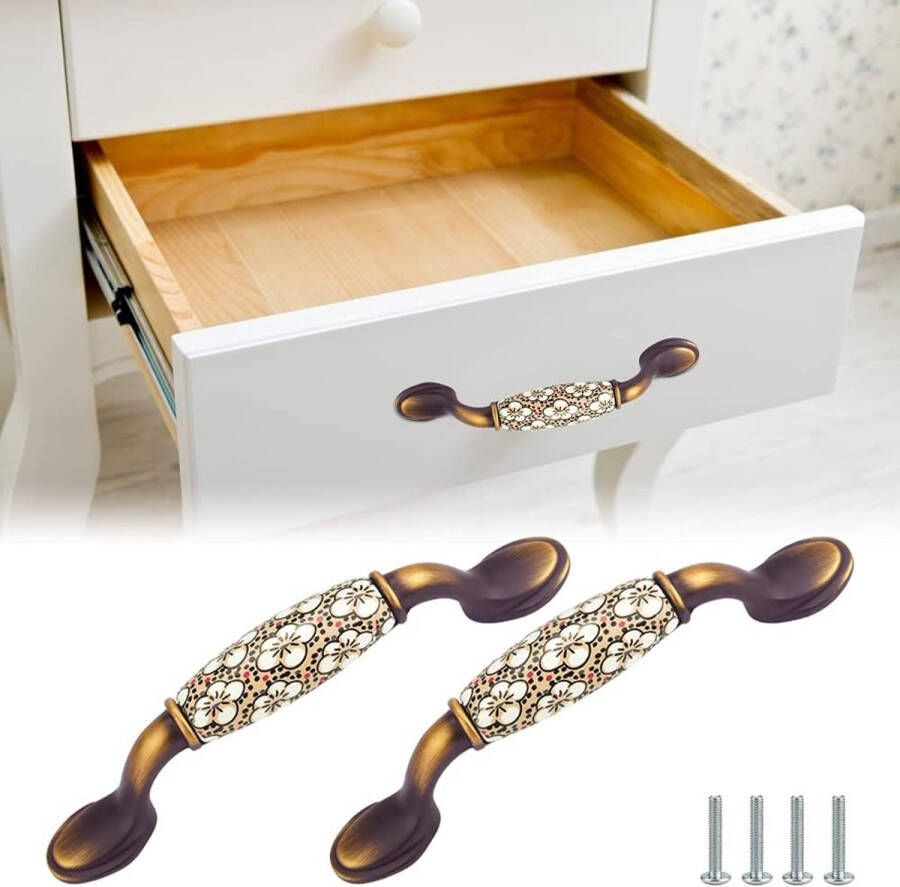 2 stuks vintage ladegrepen keramische kastgrepen bloemenpatroon deurgrepen antieke stijl booggrepen bruin meubelgrepen met schroeven voor keuken lade kasten deur 144 x 40 mm