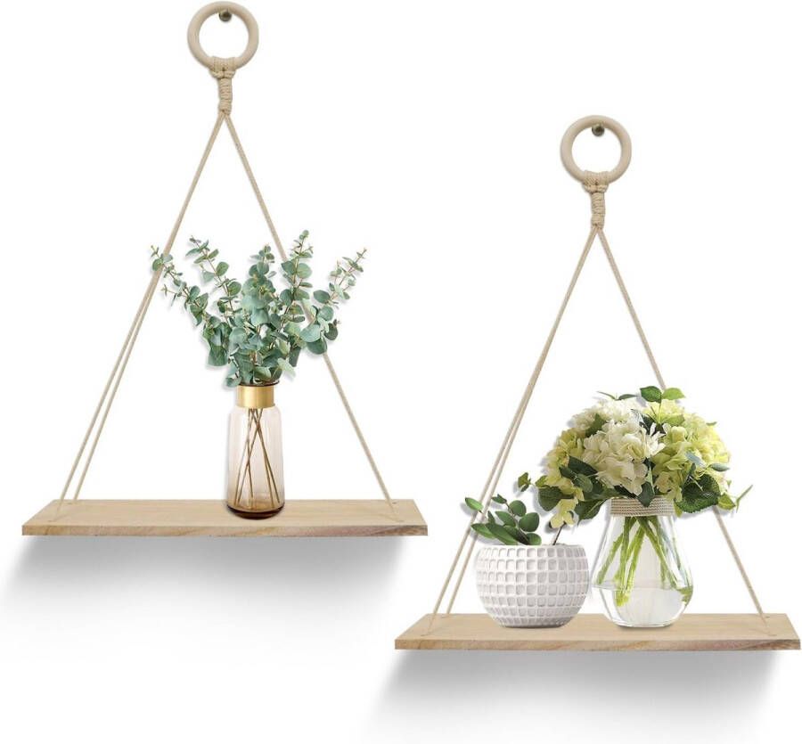2 stuks wandplank houten hangende planken met touw hangende zwevende planken drijvende houten planken boho decoratie voor keuken slaapkamer badkamer kantoor kleine planten decor wanddecoratie woonkamer - Foto 2