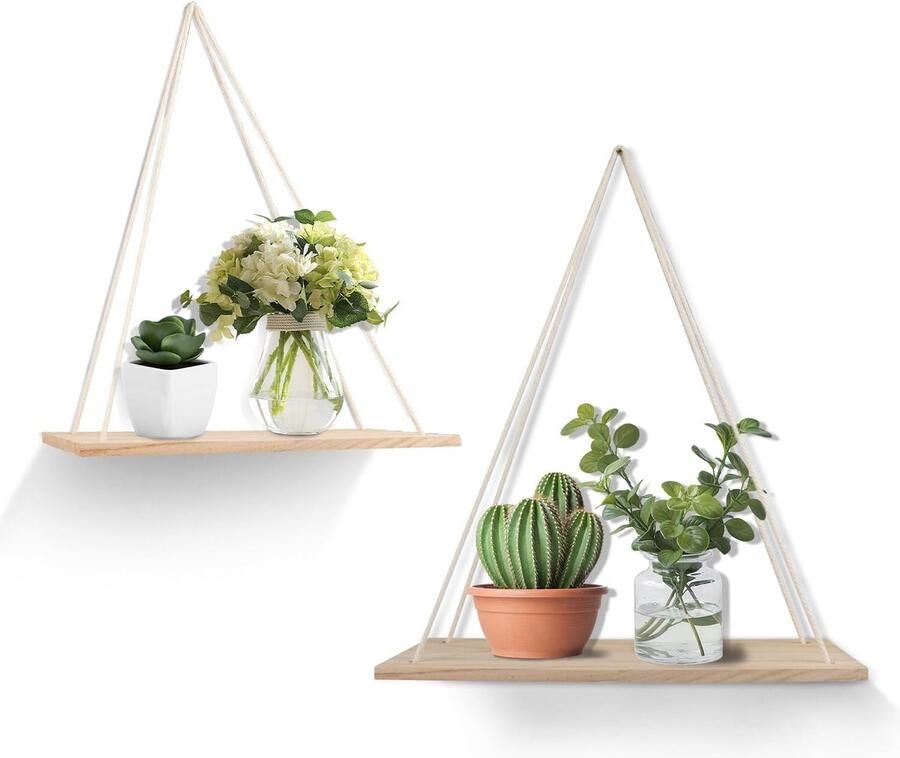 2 stuks wandplank houten hangende planken met touw hangende zwevende planken drijvende houten planken boho decoratie voor keuken slaapkamer badkamer kantoor kleine planten decor wanddecoratie woonkamer