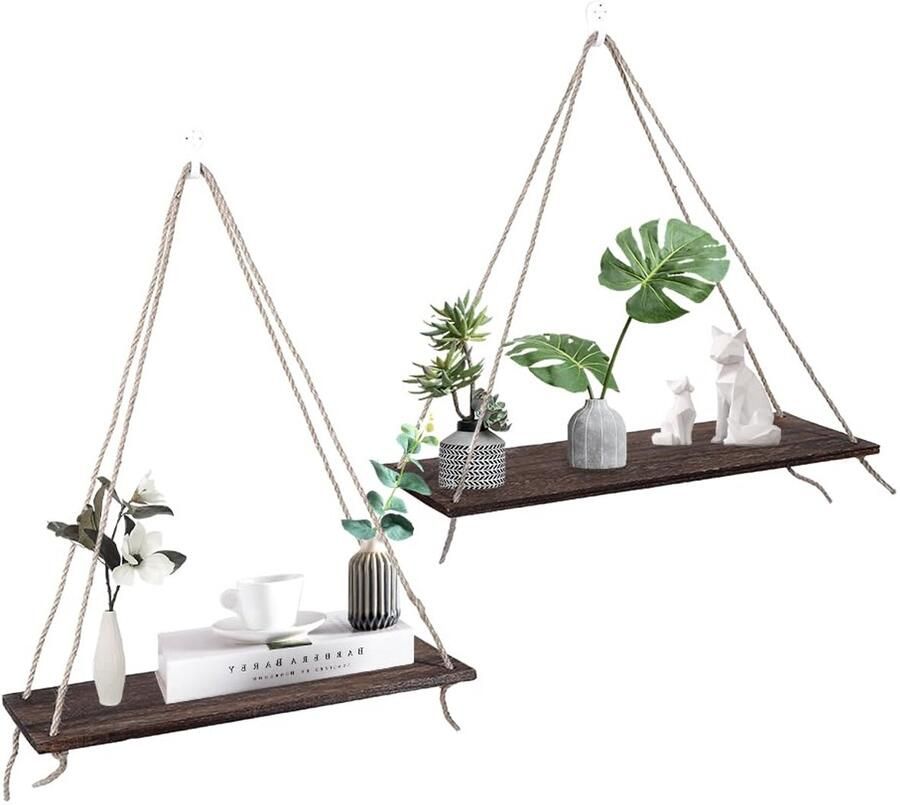 2 stuks wandplank houten hangplank met touw bloemenschommel praktische planken wandplank boho decoratie hangende wandschommel zwevende planken rustieke houten hangplanken schommeltouw voor woonkamer en kantoor