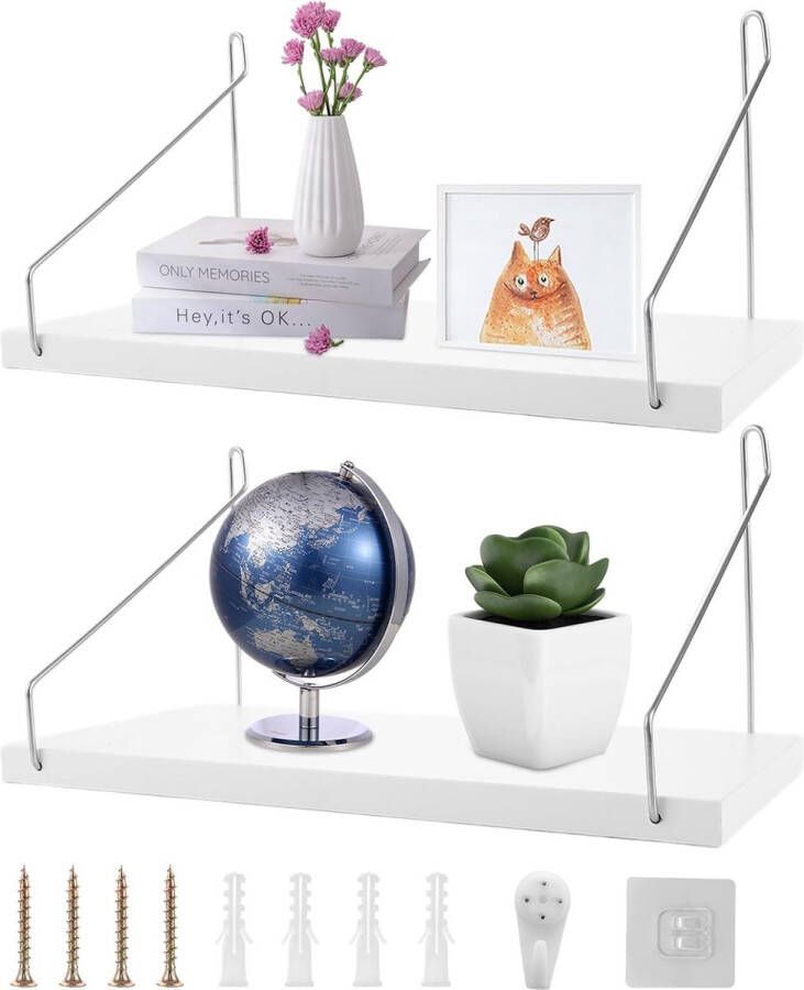 2 stuks wandrek wit hout 30 x 15 x 14 cm metalen hangplanken opbergrek keuken rek muur kinderkamer fotolijst voor woonkamer slaapkamer badkamer