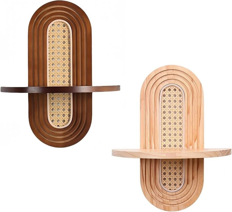 2 stuks wandrekken in bohemian stijl gebogen rotan hangplank decoratieve wandbloemstandaard moderne houten wandplank voor slaapkamer woonkamer balkon en kantoor Natuurlijke kleur+ Bruin