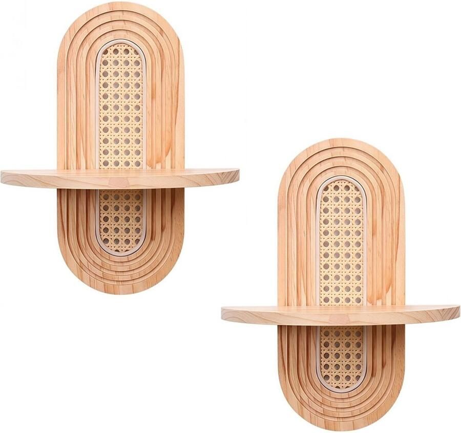 2 stuks wandrekken in bohemian stijl gebogen rotan hangplank decoratieve wandbloemstandaard moderne houten wandplank voor slaapkamer woonkamer balkon en kantoor Natuurlijke kleur