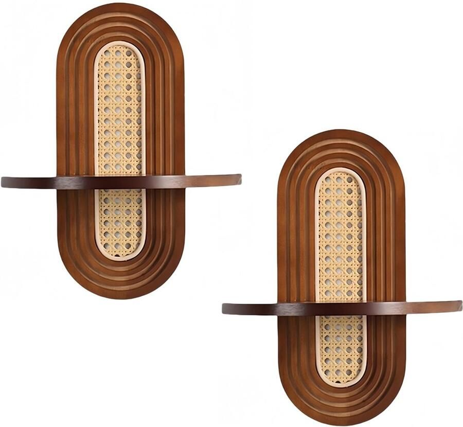 2 stuks wandrekken in bohemian stijl gebogen rotan hangplank decoratieve wandbloemstandaard moderne houten wandplank voor slaapkamer woonkamer balkon en kantoor Bruin