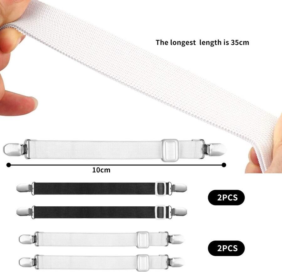 2 stuks zwart en 2 stuks witte lakenspanners verstelbare lakenspanners voor kreukvrij laken elastische lakenspanners met metalen clip voor lakens
