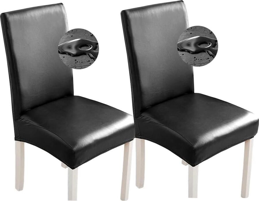 (2 Stuks Zwart) Stretch eetkamerstoelhoezen waterdichte PU kunstleer stoelhoezen stoelbeschermer hoes universele stoelhoezen voor eetkamer keuken hotel thuis
