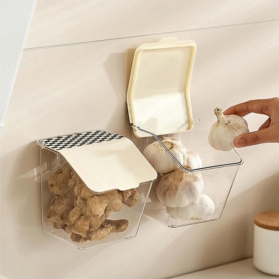 2 stuks zwevende opbergdozen van doorzichtig plastic voor aan de muur met deksels kleverige opbergdozen voor knoflook voor aanrechtbladen muren keukens badkamers en voorraadkasten