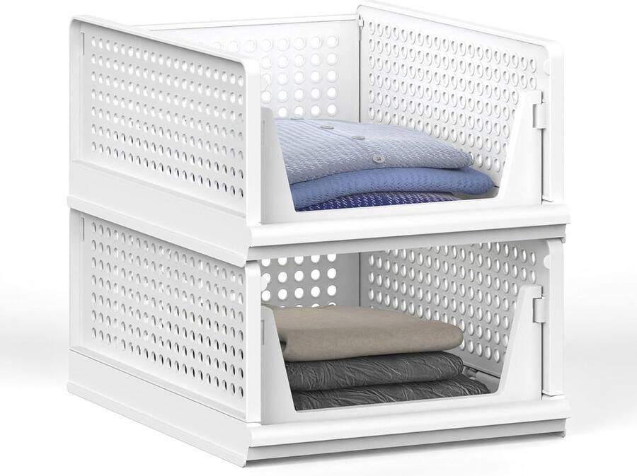 2 Stuks(L) Stapelbare kledingkast opbergdoos stapelbare plastic opbergmand voor kast kledingkast organisator en opbergbak trui lade plank opbergcontainer voor kast keuken badkamer kantoor slaapkamer