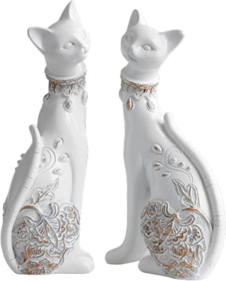 2 stuks set kattenbeelden huisdecoratie kattenfiguren koppel kattenbeelden voor huisdecoratie geschikt voor woonkamer wijnkast tv-kast decoratie huwelijkscadeau eerste keus (wit)