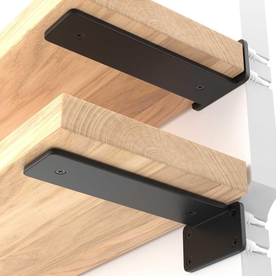 2 stuks—Wandmontagebeugels RVS plankbeugels Wandplank bodembeugels Verborgen plank bodem ondersteuningsbeugels Plankbeugels L-beugels Zware plankbeugels-3 5 mm dik 15 cm lang(zwart)