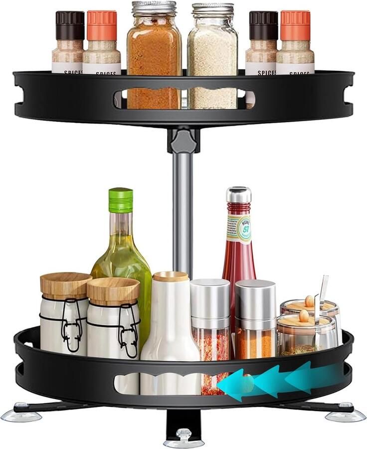 2-tier 360° draaibaar kruidenrek etagère zwart keukenrek staand multifunctioneel draaiplateau dienblad in hoogte verstelbaar voor keuken eettafel kast badkamer 26 cm + 24 cm