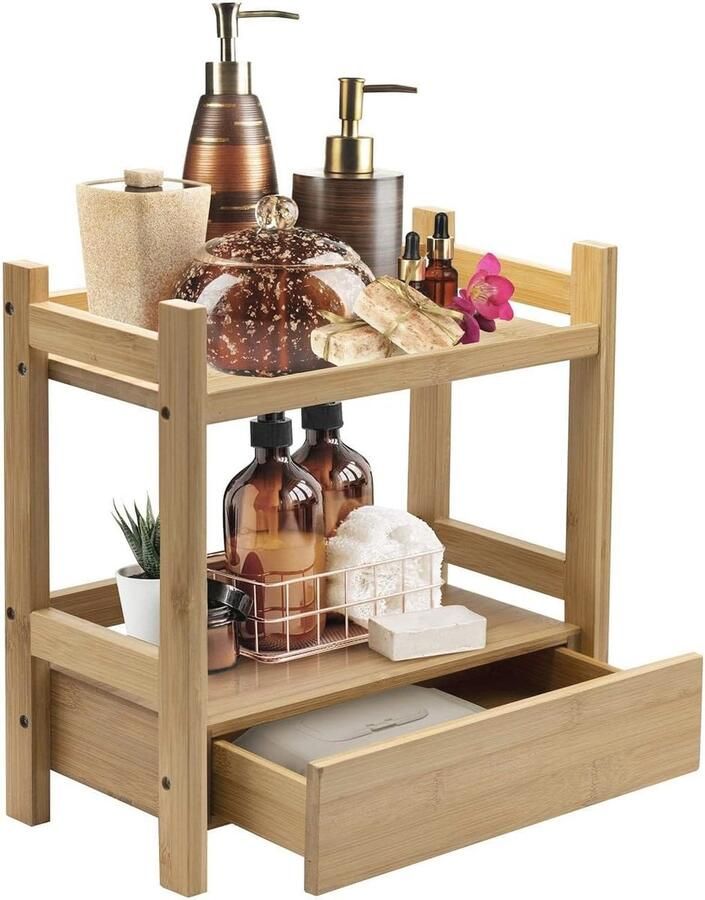 2-Tier Bamboo aanrecht plank multifunctionele make-up organizer en opslag voor huidverzorging toiletartikelen en bureaus