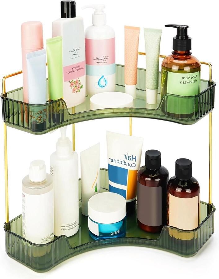 2-Tier Corner Bathroom Organiser Storage Rack Countertop Shelf for Bathroom and Kitchen Vanity Tray Rack for Cosmetics Makeup Spice and More