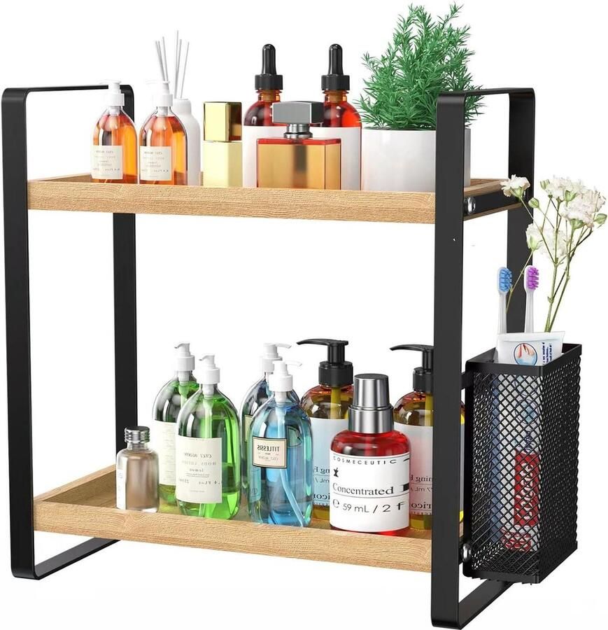 2-Tier Houten Aanrecht Organizer voor Badkamer Teller Huidverzorging Organizers met Kleine Mand bathroom shelf wood