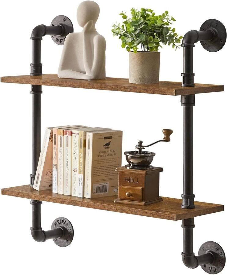 2-Tier Industriële Pijp Wandmontage Planken Rustieke Opslag Planken Wall Mount Boekenplank Keuken Kruidenrek voor Slaapkamer Woonkamer Badkamer HRF-TM004