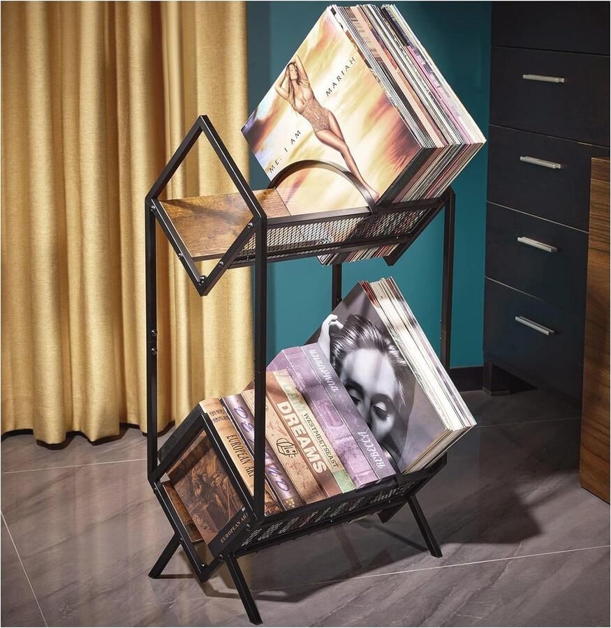 2-Tier Vinyl Record Houder Retro Platenhouder voor 170-220 LP Opslag