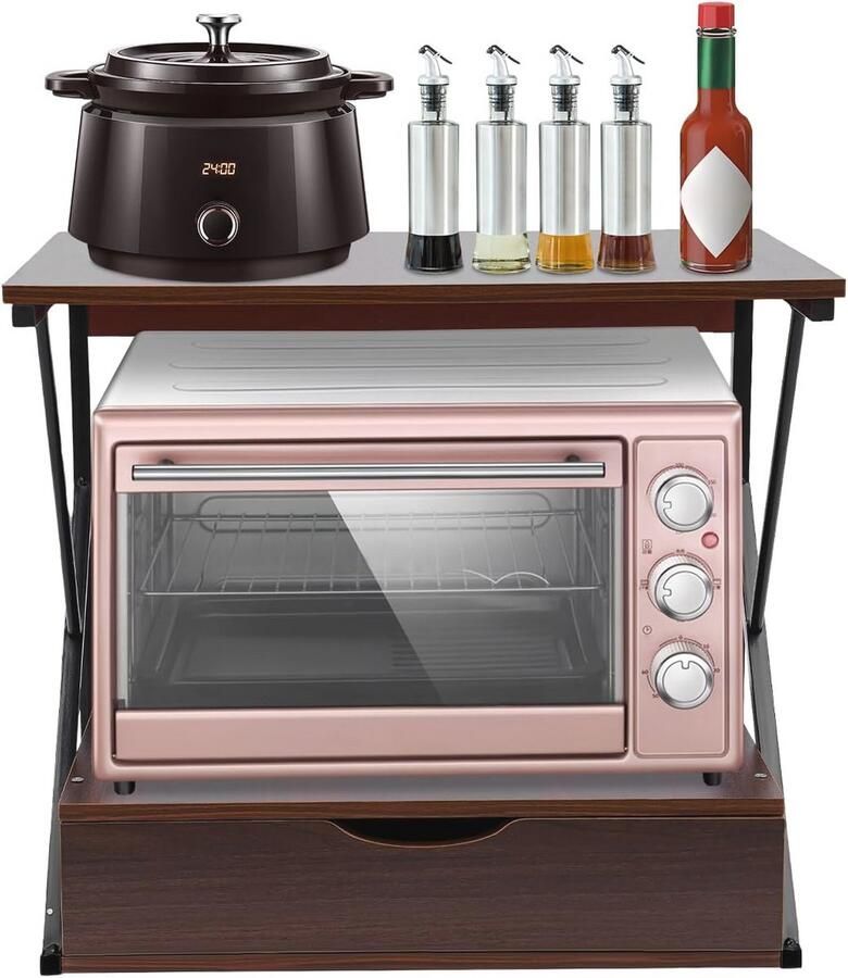 2-traps magnetronrek met lade Keuken organizer en opbergplank voor magnetron en keukengerei 54 x 35 x 50 cm (eiken + zwart)