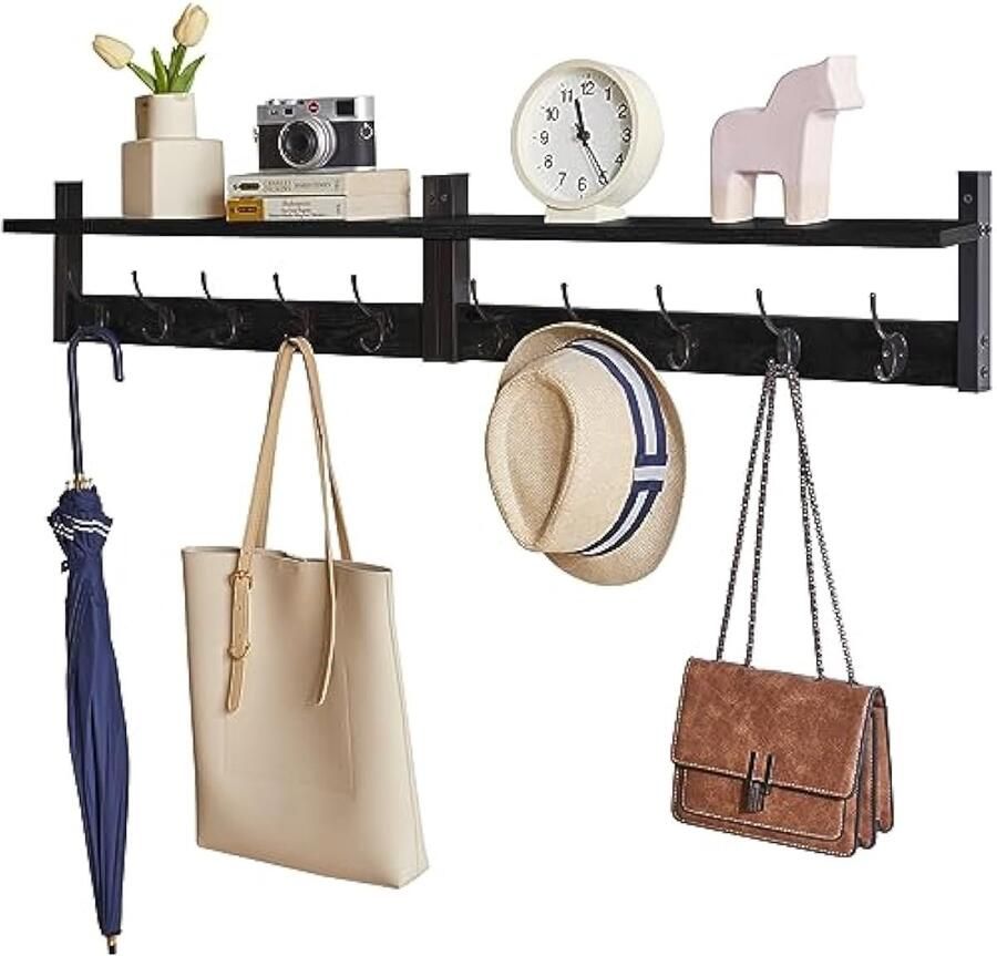 2 Wandgarderobe wandrek hangrek met 10 haken en hangstang set van 2 stabiel voor hal slaapkamer en woonkamer zwart
