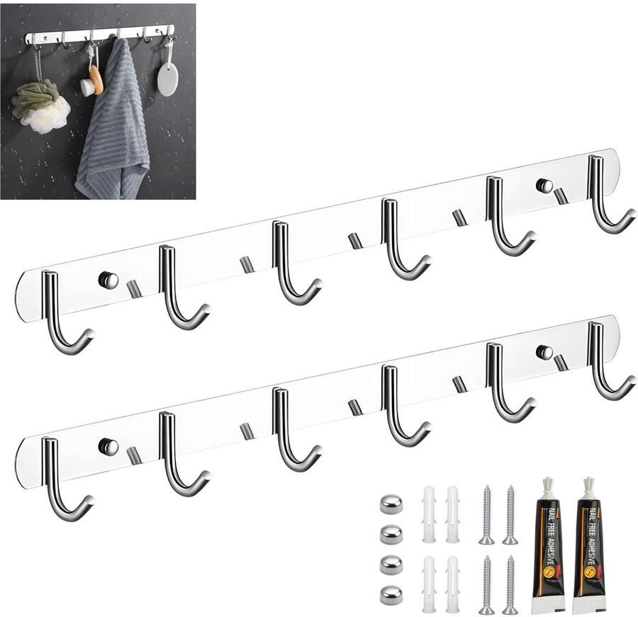 2 x 31 cm wandkapstokhaken roestvrijstalen haakrail kapstok met 6 haken wandkapstok kapstokhaken voor kleding jassen tassen hoeden voor slaapkamer kast badkamer keuken