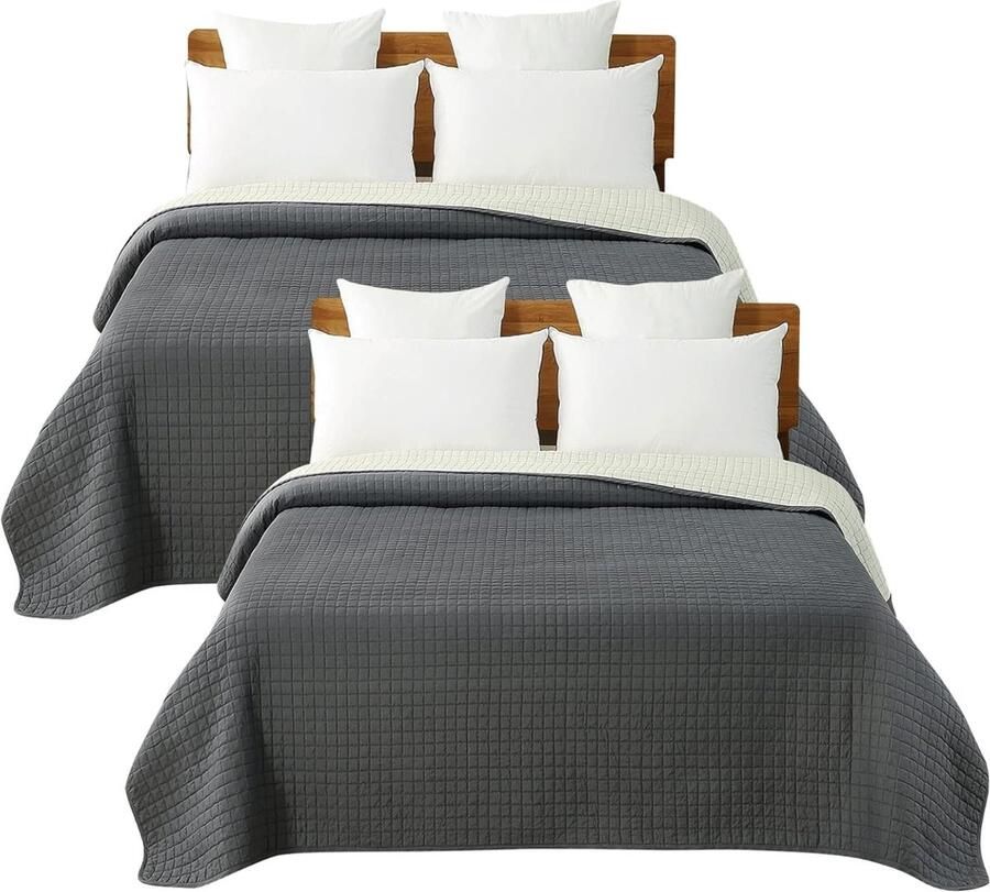 2 X Bedspreien Spreien Polyester Dekbedovertrek Sprei bed modern en gewatteerd 220x240cm Donkergrijs+Gebroken Wit BWP5005gr2-2