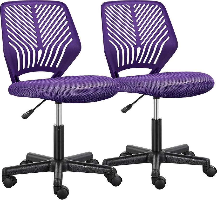 2 x bureaustoel met wielen draaistoel met rugleuning armloze bureaustoel ergonomische netcomputerstoel lila